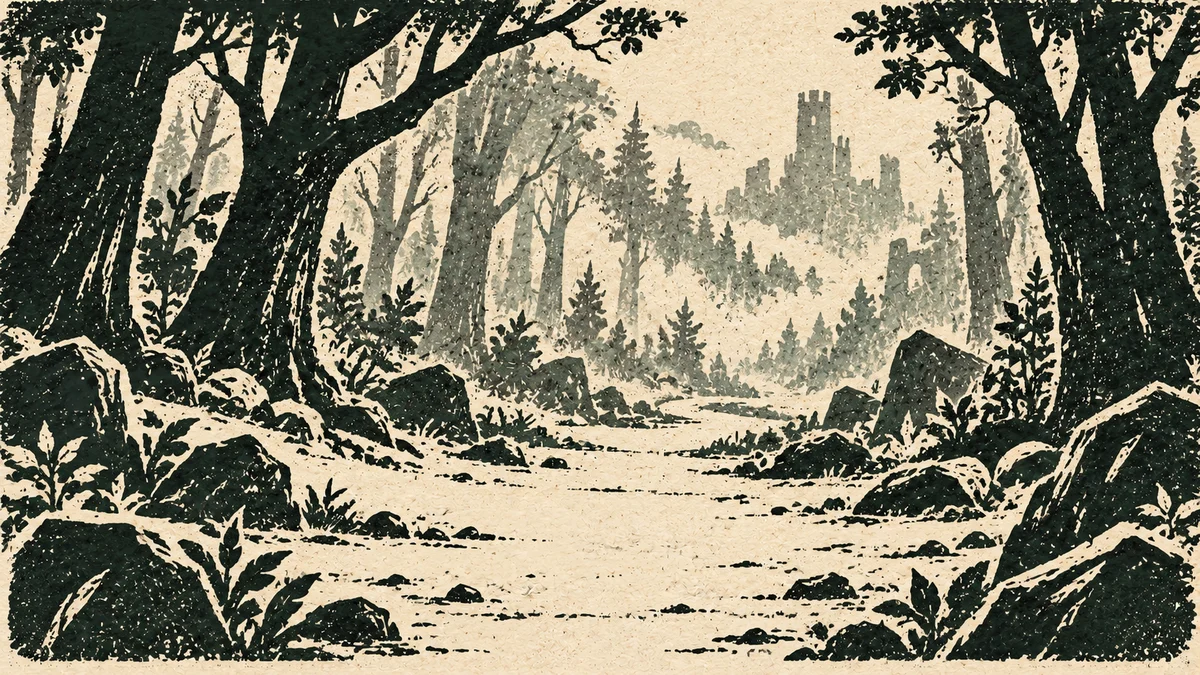 Ilustrasi cukil kayu hutan gelap dengan jalan menuju menara di kejauhan