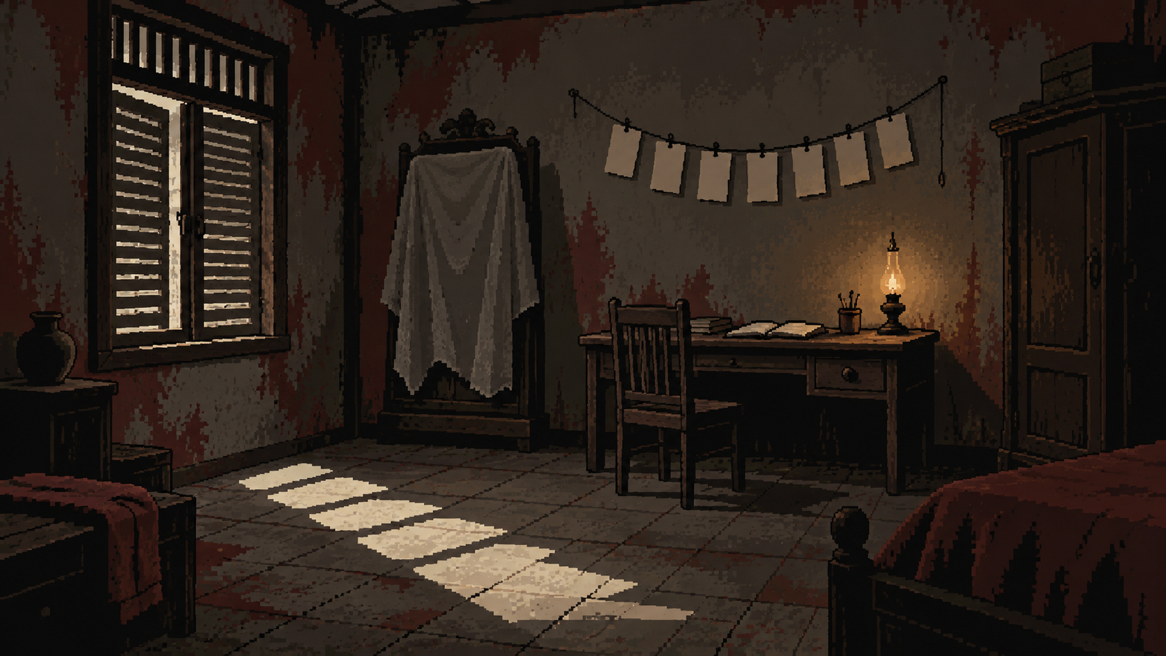 Kamar 07 dengan cermin tertutup, buku dan cat dinding merah kusam dalam pixel art