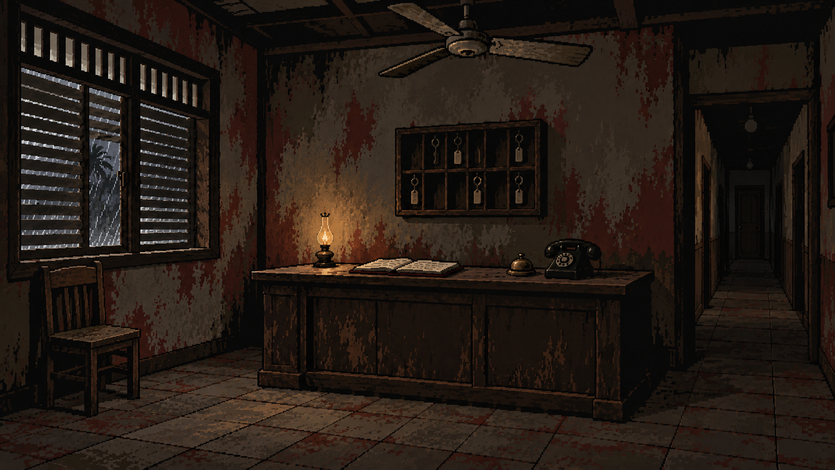 Lobi losmen tua dengan meja penerima, buku tamu, lampu minyak dan jendela hujan dalam pixel art