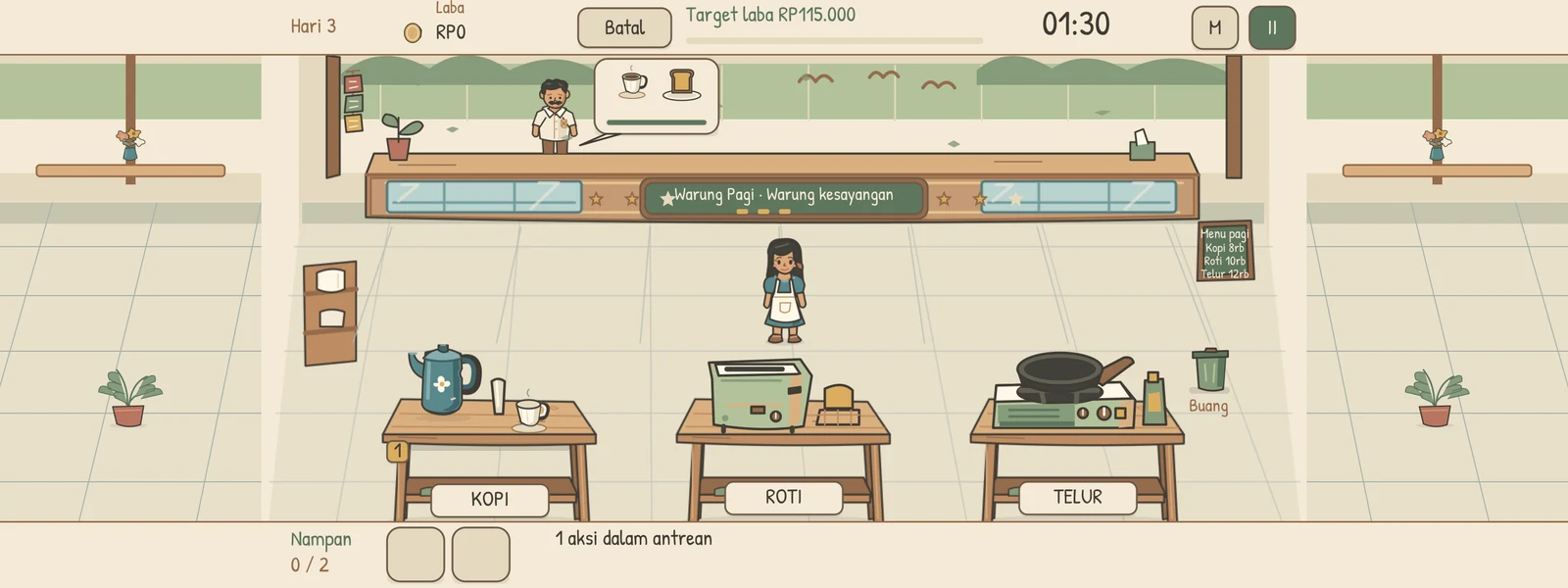 Gameplay Warung Pagi dengan meja kopi, roti, telur, dan pesanan pelanggan